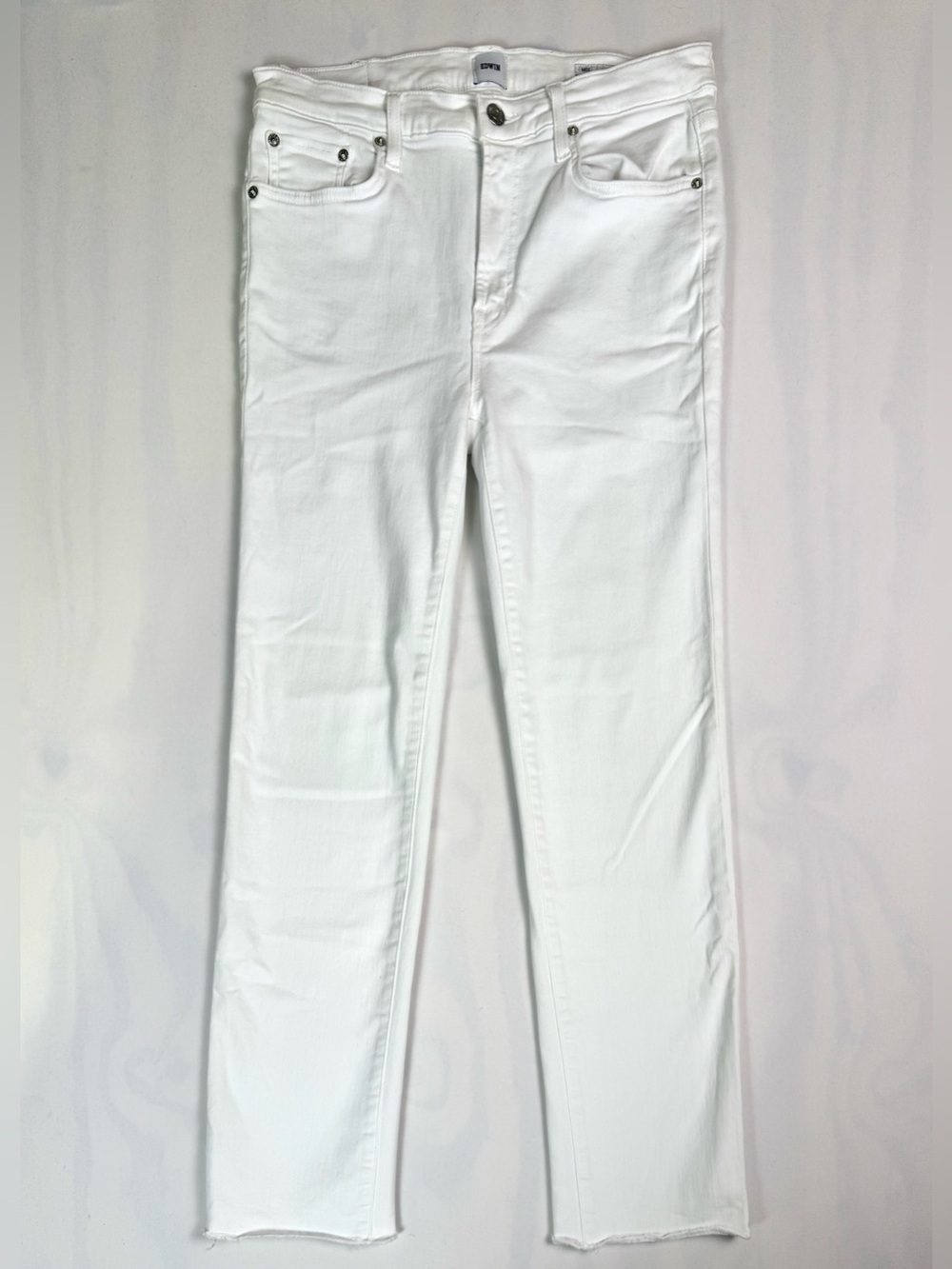 EDWIN Bree Slim Straight Jeans Optic White Mid Rise Raw Hem Size 28